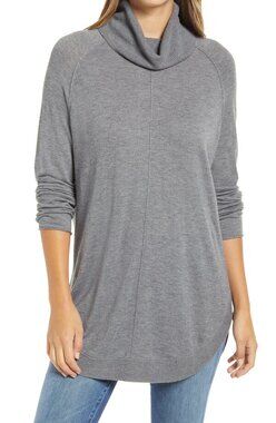 Caslon Tunic Sweater Cowl Neck Long Sleeve Round Hem Knitted Grey Size Medium